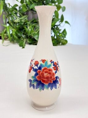 Vintage Himark Japan Crackle Glaze Floral Vase 10.5” Imari Peony Motif